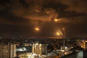 Rockets fired by Palestinian militants toward Israel, in Gaza City, Friday, Aug. 5, 2022. Palestinian officials say Israeli airstrikes on Gaza have killed at least 10 people, including a senior militant, and wounded 55 others. (AP Photo/Fatima Shbair)