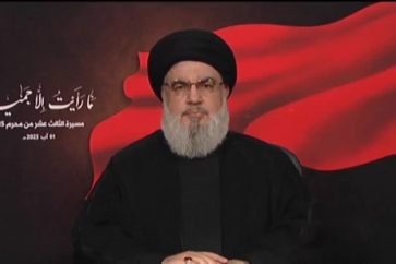 El secretario general de Hezbolá, Sayyed Hassan Nasralá durante la marcha del día 13 del mes de Muharram